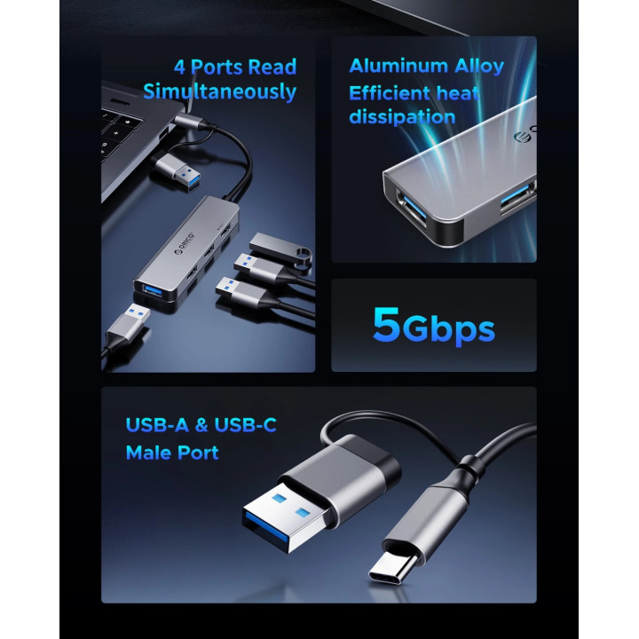Хъб Orico HUB USB-C/USB-A 4 port - USB3.0 x 1, USB2.0 x 3, Aluminium - YSA5-U3-GY