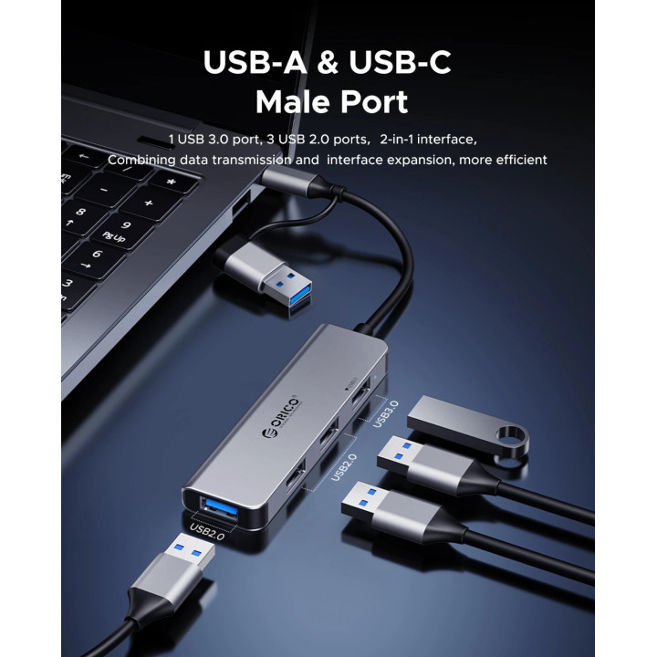 Хъб Orico HUB USB-C/USB-A 4 port - USB3.0 x 1, USB2.0 x 3, Aluminium - YSA5-U3-GY