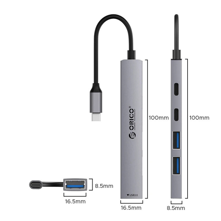 Хъб Orico HUB USB-C 5 port - USB3.0 x 1, USB2.0 x 2, USB-C x 2, Aluminium - YSB4-U2-GY