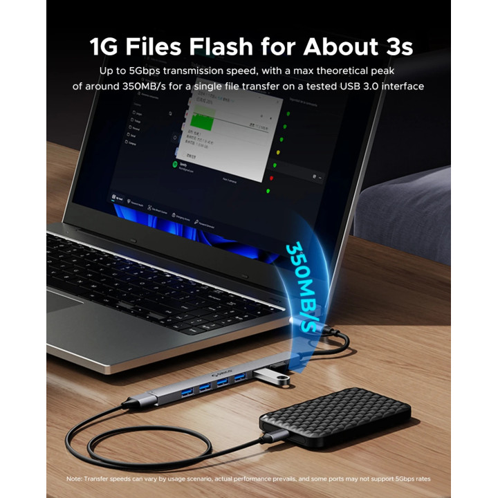 Хъб Orico HUB USB-C 5 port - USB3.0 x 1, USB2.0 x 2, USB-C x 2, Aluminium - YSB4-U2-GY