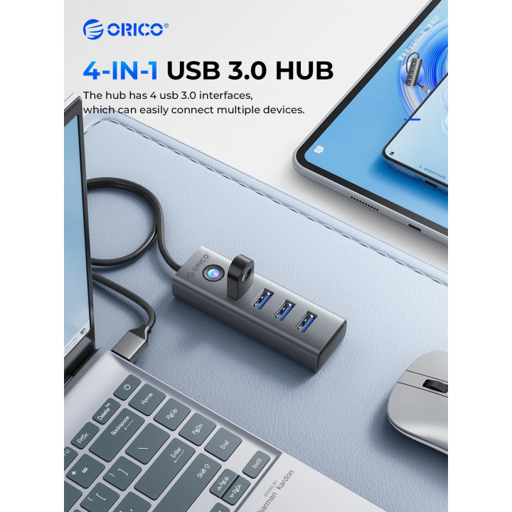 Хъб Orico HUB USB3.0 4 port, Aluminium, Grey - PDD4U-U3-015-GY