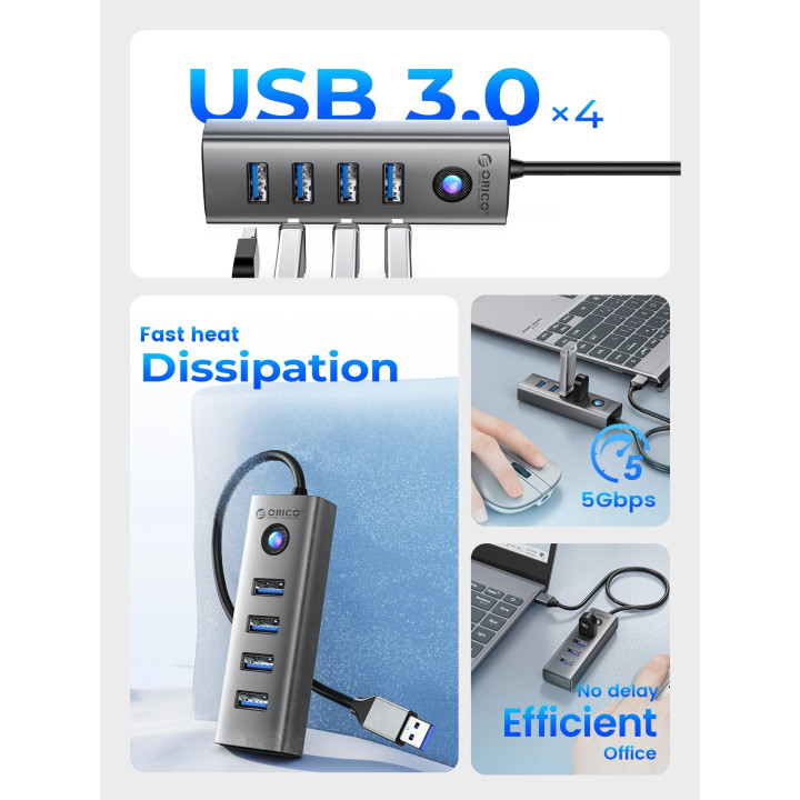 Хъб Orico HUB USB3.0 4 port, Aluminium, Grey - PDD4U-U3-015-GY