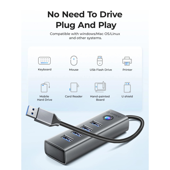 Хъб Orico HUB USB3.0 4 port, Aluminium, Grey - PDD4U-U3-015-GY