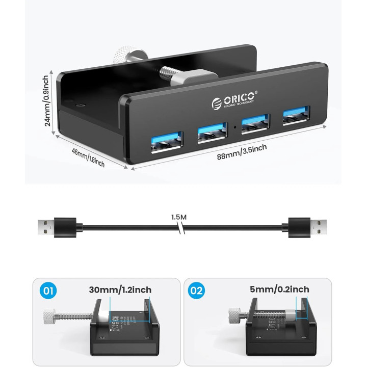 Хъб Orico HUB 3.0 Clip Type 4 port - aux Micro-USB power input, Black - MH4PU-P-BK
