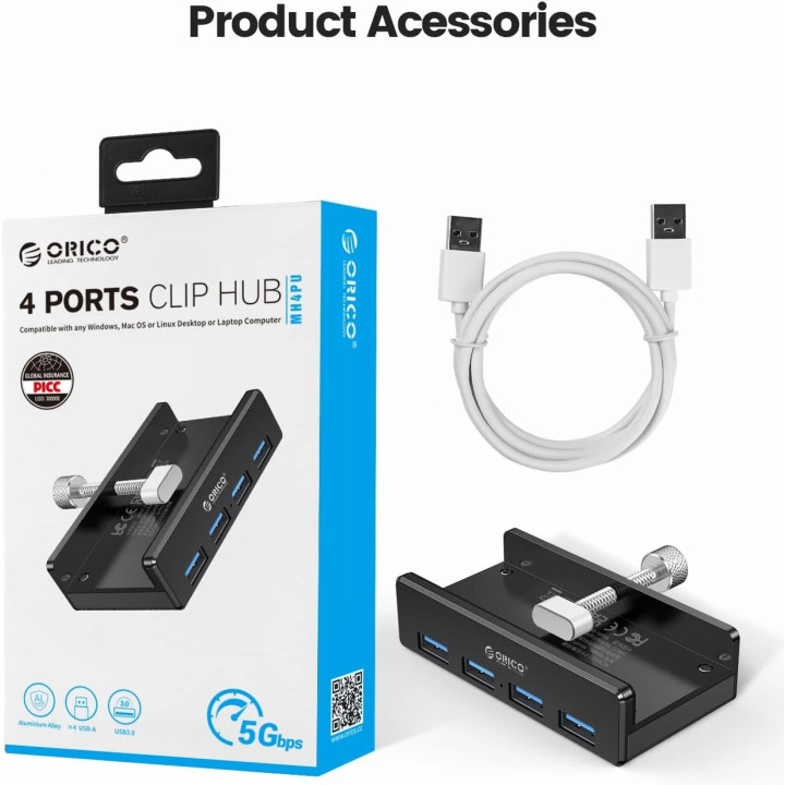 Хъб Orico HUB 3.0 Clip Type 4 port - aux Micro-USB power input, Black - MH4PU-P-BK