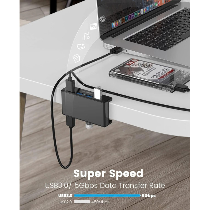 Хъб Orico HUB 3.0 Clip Type 4 port - aux Micro-USB power input, Black - MH4PU-P-BK