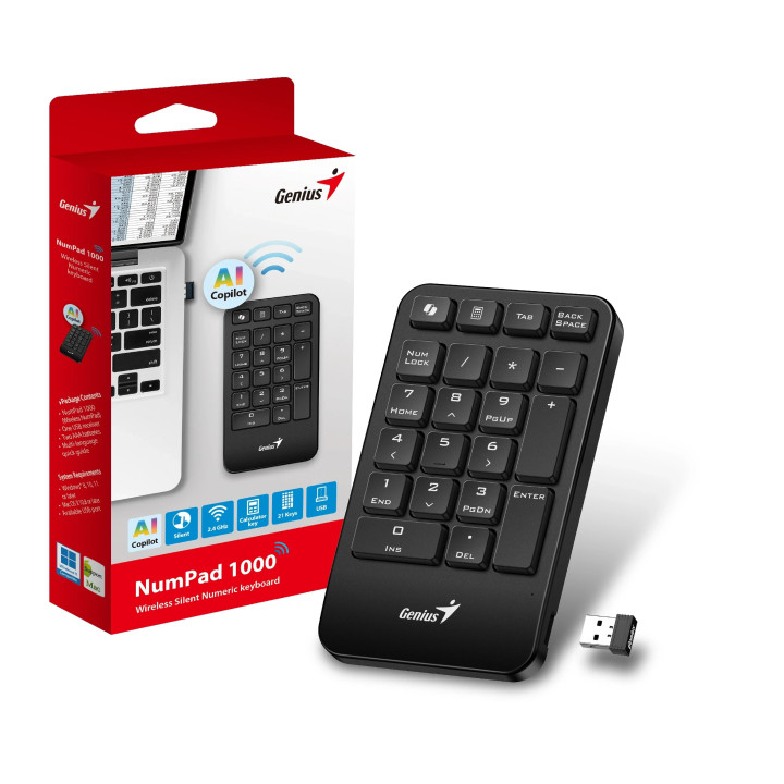 Безжична цифрова клавиатура кийпад Genius Wireless NumPad 1000, AI, 2.4G, Black - GENIUS-NUMPAD-1000-BK