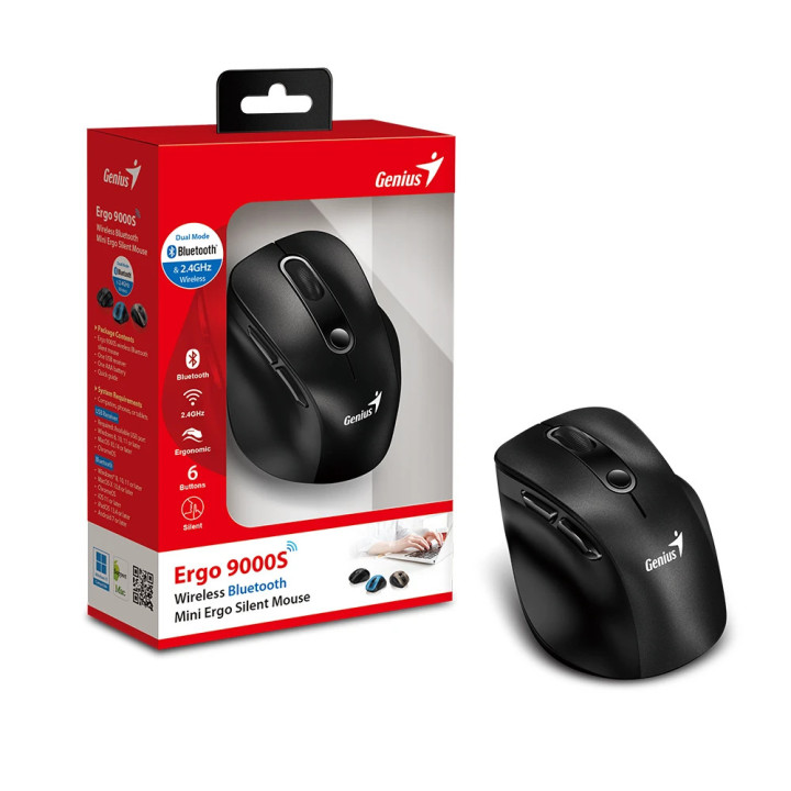 Bluetooth безшумна мишка Genius Ergo 9000S, Silent, Bluetooth, 2.4G, Black - GENIUS-ERGO-9000S-BK