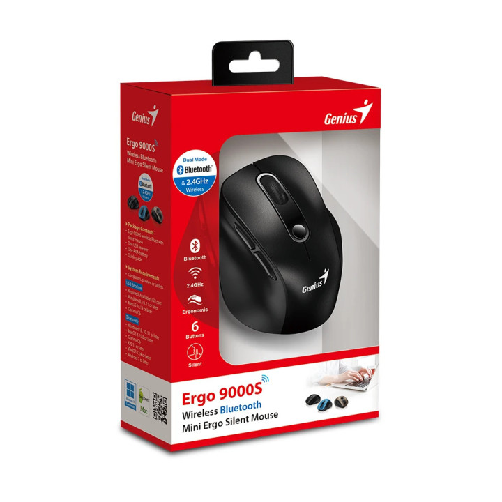 Bluetooth безшумна мишка Genius Ergo 9000S, Silent, Bluetooth, 2.4G, Black - GENIUS-ERGO-9000S-BK