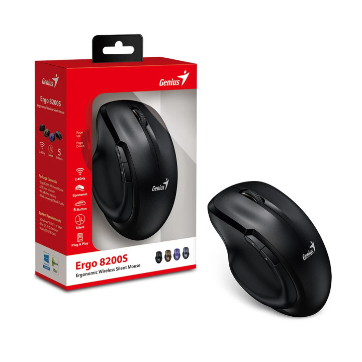 Безжична безшумна мишка Genius Ergo 8200S Black, Silent, 2.4GHz - GENIUS-ERGO-8200S-BLK