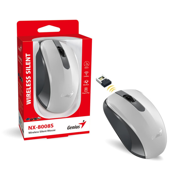 Безжична безшумна мишка Genius NX-8008S White Gray, Silent, 2.4GHz - GENIUS-NX-8008S-WH-GR