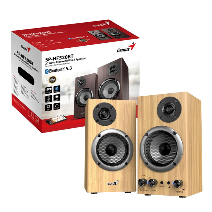 Тонколони 2.0 Genius SP-HF520BT, 20W RMS, Bluetooth, 3D Surround, Pine Wood - GENIUS-SP-HF520BT-PW