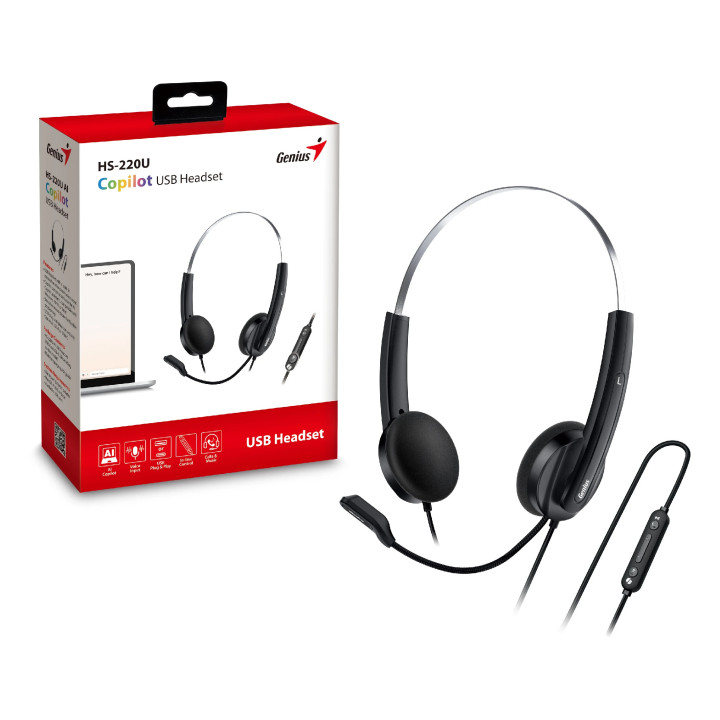 Слушалки с микрофон Genius HS-220U, AI, USB-C, Mic, Black - GENIUS-HS-220U-BK