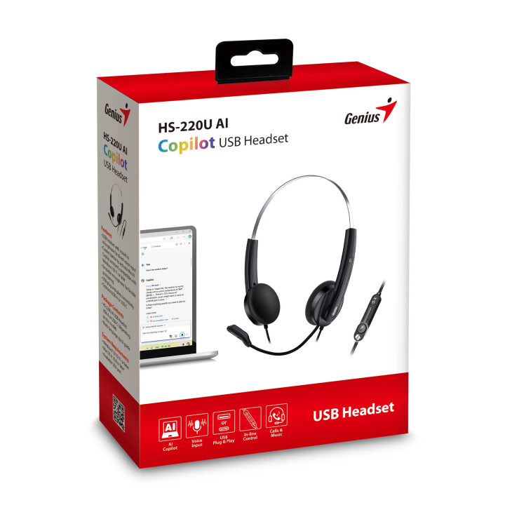 Слушалки с микрофон Genius HS-220U, AI, USB-C, Mic, Black - GENIUS-HS-220U-BK