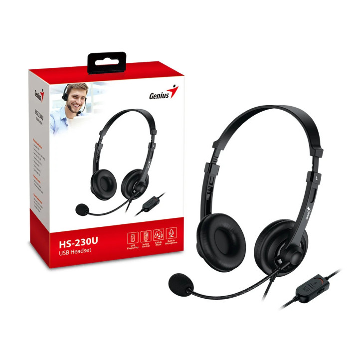 Слушалки с микрофон Genius HS-230U,USB, Mic, Black - GENIUS-HS-230U-BK