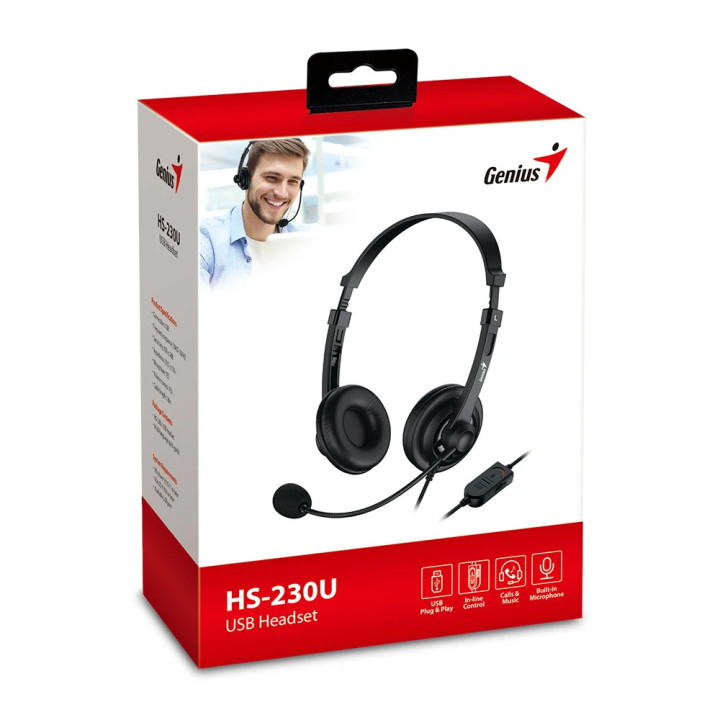 Слушалки с микрофон Genius HS-230U,USB, Mic, Black - GENIUS-HS-230U-BK