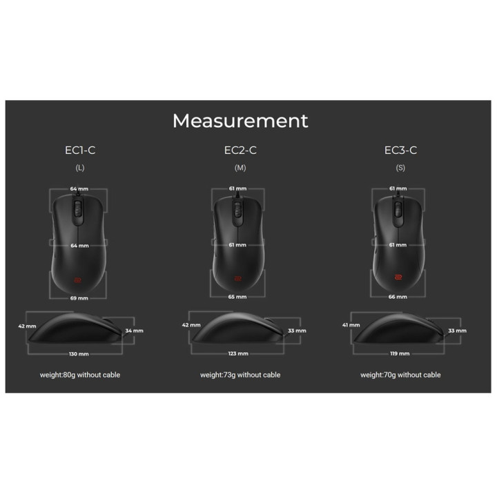 Безжична геймърска мишка BenQ ZOWIE EC3-CW For Esports, Size S, 79g, up to 1000 Hz, up to 3200 DPI, 3370 sensor - 9H.N4ABE.A2E
