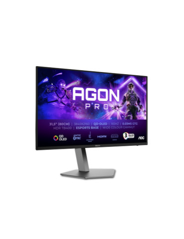 Монитор AOC AG326UD, 31.5" QD-OLED, 3840x2160, 165Hz, 0.03GtG, 1000cd m/2, 1.5M:1, 80M:1 DCR, Adaptive Sync, FlickerFree, Low Blue Light, 8Wx2, Height Adjust, 2xHDMI, DP, USB hub