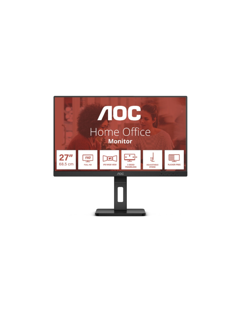 Монитор AOC 27E3QAF, 27" IPS WLED, 1920x1080, 75Hz, 4ms GtG, 300cd m/2, 1000:1, 20M:1 DCR, Adaptive Sync, FlickerFree, Low Blue Light, 2Wx2, Height Adjust, D-SUB, HDMI, DP