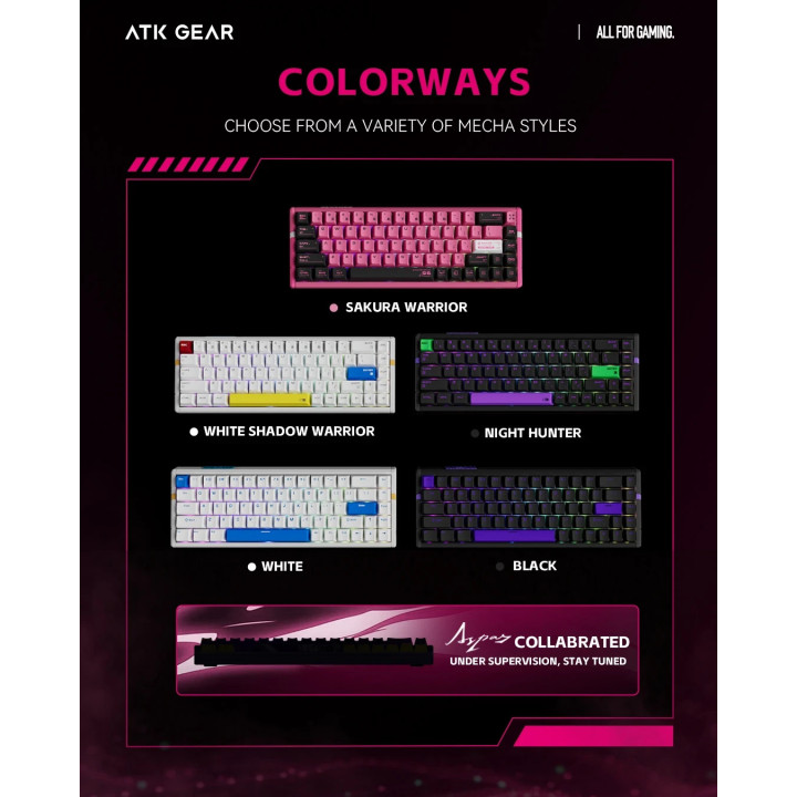 Професионална геймърска механична клавиатура ATK RS6 - 8K, Gateron Jade Pro Switches [Linear] - White - RS6-WH-GJP