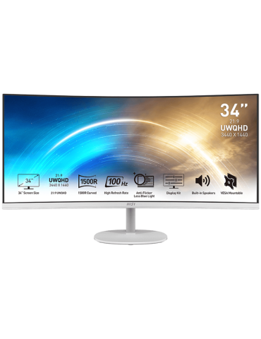 Монитор MSI PRO MP341CQW 34", 100Hz, UWQHD (3440x1440) 21:9, VA Anti-glare, 1ms/4ms, 3000:1, 178/178, 1500R Curve, FreeSync, 2x HDMI, 1x DP, Tilt, Speakers, White - 9S6-3PB2CT-007