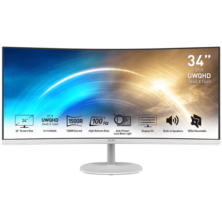 Монитор MSI PRO MP341CQW 34", 100Hz, UWQHD (3440x1440) 21:9, VA Anti-glare, 1ms/4ms, 3000:1, 178/178, 1500R Curve, FreeSync, 2x HDMI, 1x DP, Tilt, Speakers, White - 9S6-3PB2CT-007