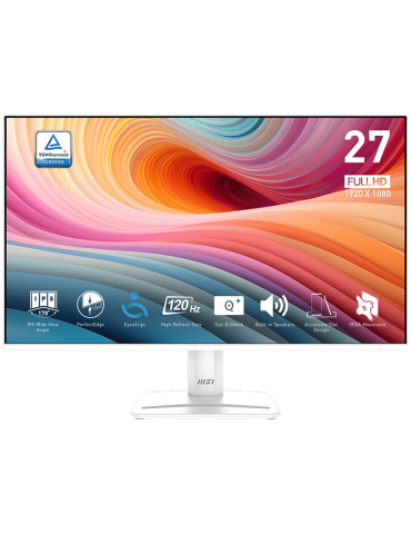 Монитор MSI PRO MP275W E2, 27" 120Hz, FHD (1920x1080) 16:9, IPS Anti-glare, 1ms/4ms, 300nits, 1500:1, 178/178, Adaptive-Sync, HDR Ready, Tilt, Speakers, 1x DP, 1x HDMI, 1x D-Sub, White