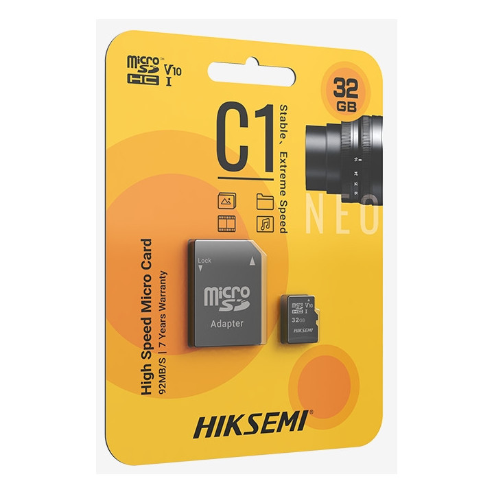 SD карта HIKSEMI microSDHC 32G, Class 10 and UHS-I TLC, Up to 92MB/s read speed, 15MB/s write speed, V10 with Adapter - HS-TF-C1(STD)/32G/NEO/AD/W