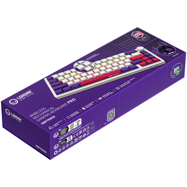 Безжична механична геймърска клавиатура Lorgar KBP70MW, 65% Mechanical Gaming Keyboard Pro, White, EN layout - LRG-KBP70MW-WH-US