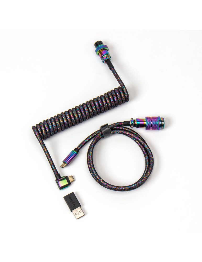 Кабел за клавиатура Keychron Colorful Premium Coiled Angled, USB-C - USB-C, Rainbow Plated Black - Cab-7