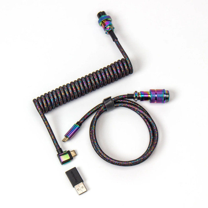 Кабел за клавиатура Keychron Colorful Premium Coiled Angled, USB-C - USB-C, Rainbow Plated Black - Cab-7