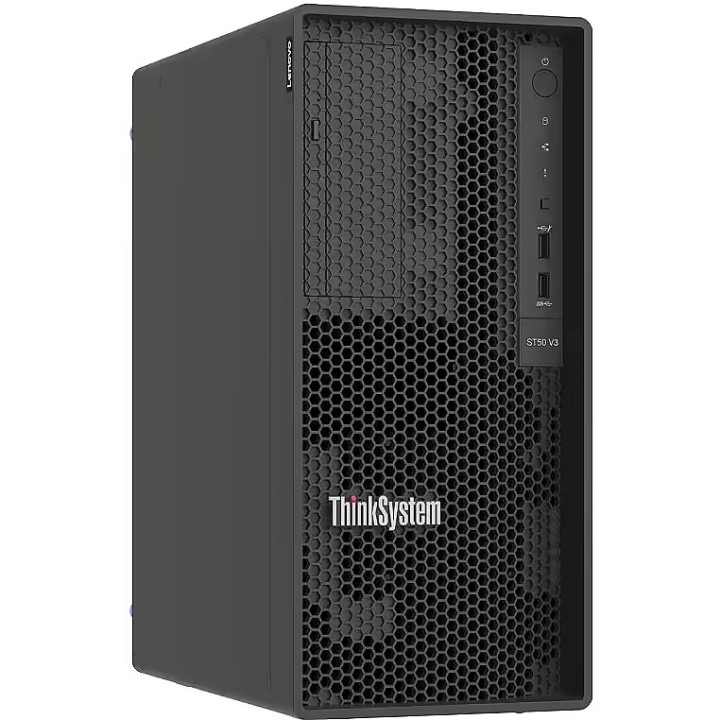 Сървър Lenovo ThinkSystem ST50 V3, Xeon E-2414 (4C 2.6GHz 8MB Cache/55W), SW RAID, 2x960GB Micron 5400 Pro SSD, 1xRAM 16GB,, 500W 94%, No DVD, 3 year - 7DF3A010EA