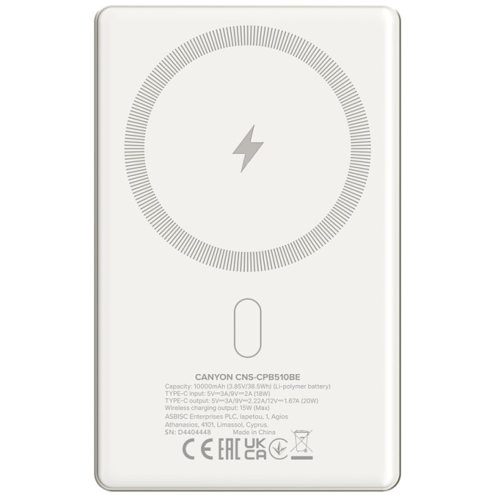 Външна батерия Canyon OnPower 510 slim Magsafe 10000 mAh PD20W Beige - CNS-CPB510BE
