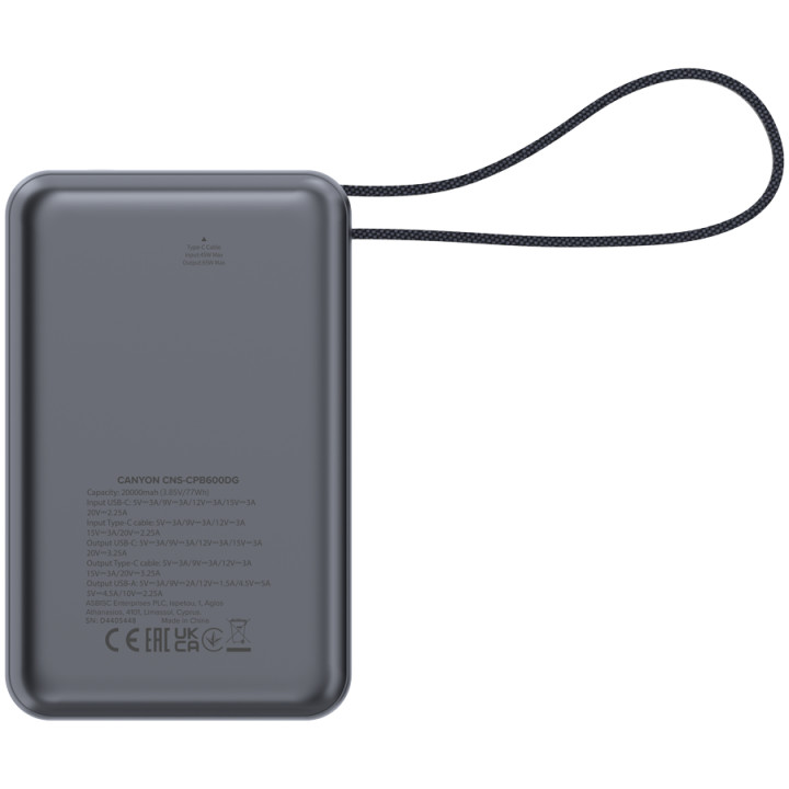 Външна батерия Canyon OnPower 600 built-in cable 20000 mAh PD65W Dark Grey - CNS-CPB600DG