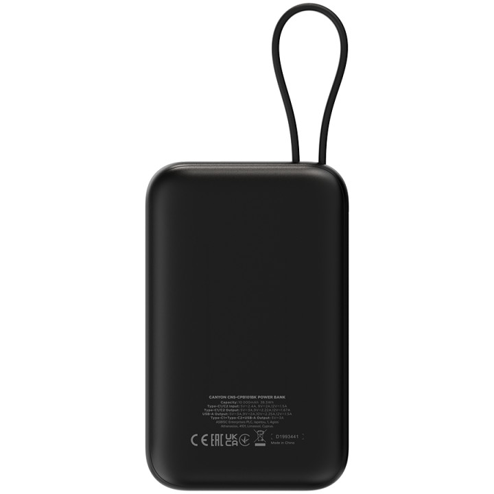 Външна батерия Canyon OnPower 101 built-in cable 10000 mAh PD22.5W Black - CNS-CPB101BK