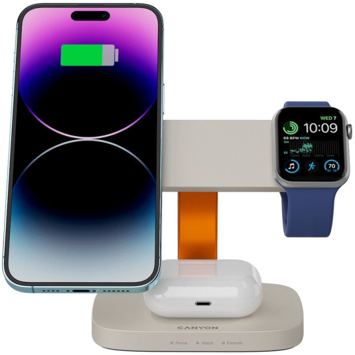 Безконтактно зарядно Canyon Hexagon 310 3in1 LightGrey/Orange - CNS-WCS310LGOR