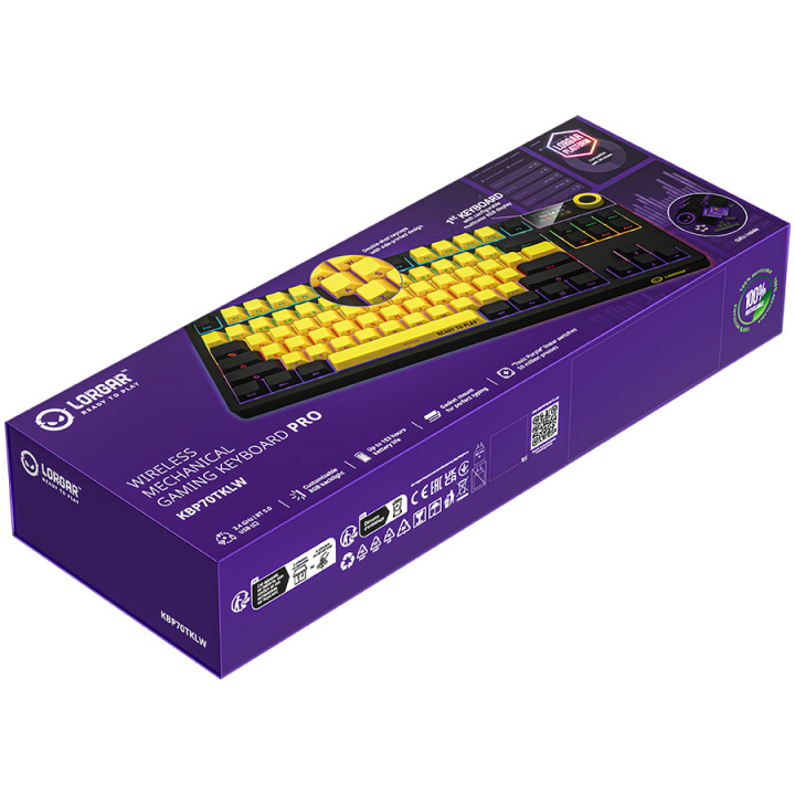 Безжична механична геймърска клавиатура Lorgar KBP70TKLW, Wireless TKL Mechanical Gaming Keyboard Pro, Black/yellow, EN layout - LRG-KBP70TKLW-YL-US