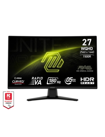 Монитор MSI MAG 274CQF, 27", 0.5ms, 180Hz, Rapid VA, 2560x1440 (WQHD), 16:9, CURVE 1500R, Adaptive-Sync, 93% DCI-P3, AG, 300 nits, 5000:1, DCR 100M:1, DP(1.4), HDMI 2.0b, Tilt, VESA, Black - 9S6-3CE31T-007