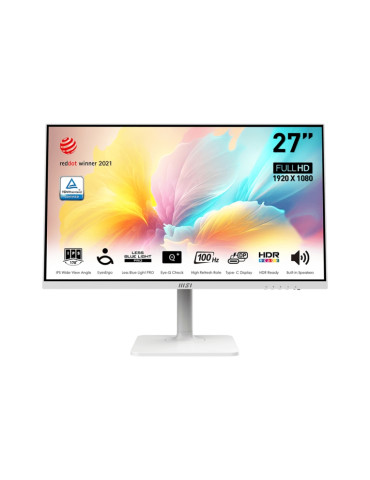 Монитор MSI Modern MD2712PW, 27", 100Hz, 1ms, IPS, 1920x1080 (FHD), 16:9, Flat, HDR Ready, EyesErgo, AG, MSI Display Kit, 117% sRGB, 300 nits, 1000:1, RedDot Winner, HDMI1.4, TypeC DP, Speakers, Heigh Adj., VESA, White - 9S6-3PA49H-222