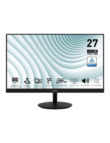 Монитор MSI PRO MP271A, 27", 1ms, 100Hz, IPS, 1920x1080 (FHD), 16:9, FLAT, Display Kit App, Adaptive-Sync, EyesErgo, Less Blue Light, 108% SRGB, AG, 300 nits, 1000:1, DP(1.2a), HDMI 1.4b, VGA, Line-in, Speakers, Tilt, VESA, Black - 9S6-3PA2CT-057