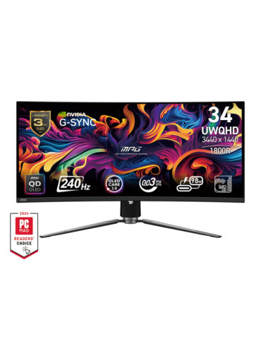 Монитор MSI MPG 341CQPX QD-OLED, 34.18", 0.03ms, 240Hz, 3440x1440(UWQHD), 21:9, CURVE 1800R, AR, FreeSync Premium Pro, CLEARMR 13000, HDR True Black 400, 1000 nits, 3000:1, DCR 150M:1, DP(1.4a), HDMI 2.1, TypeC DP, USB hub, Heigh Adj., Black - 9S6-3DD04T-