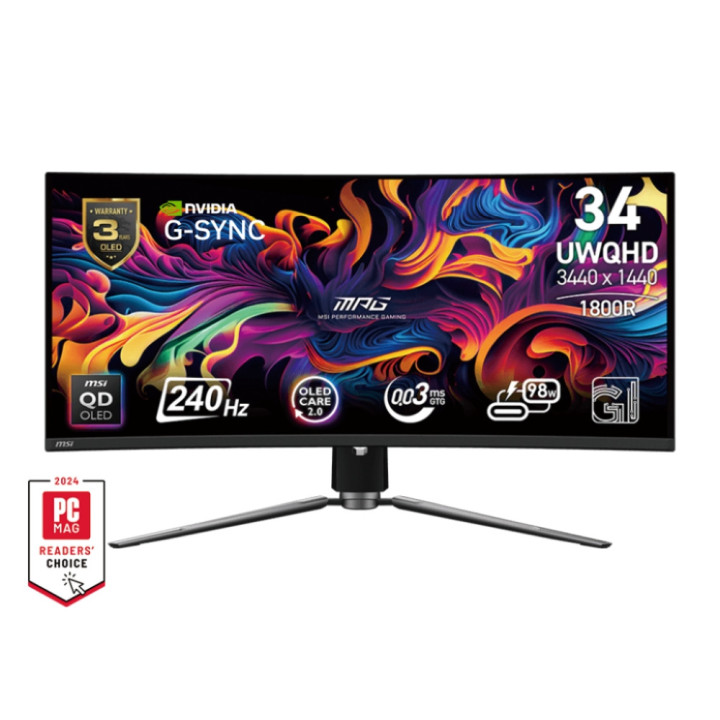 Монитор MSI MPG 341CQPX QD-OLED, 34.18", 0.03ms, 240Hz, 3440x1440(UWQHD), 21:9, CURVE 1800R, AR, FreeSync Premium Pro, CLEARMR 13000, HDR True Black 400, 1000 nits, 3000:1, DCR 150M:1, DP(1.4a), HDMI 2.1, TypeC DP, USB hub, Heigh Adj., Black - 9S6-3DD04T-