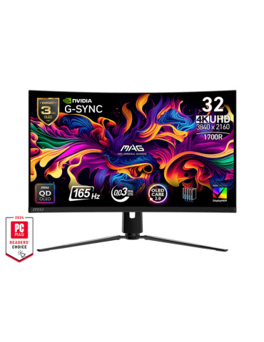 Монитор MSI MAG 321CUP QD-OLED, 31.5", 0.03ms, 165Hz, 3840x2160 (UHD), Curve 1700R, G-Sync Compatible, Oled Care 2.0, DisplayHDR 400 True Black, ClearMR 9000, FW UPDATE, Delta E?2, 1.5M:1, HDMI 2.1, DP 1.4a, TypeC DP, Heigh Adj., Black - 9S6-3DD54T-001