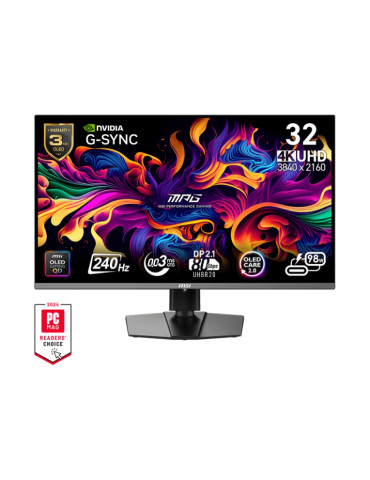 Монитор MSI MPG 322URX QD-OLED, 31.5", 0.03ms, 240Hz, Flat, 3840x2160 UHD, 16:9, G-Sync Compatible, HDR True Black 400, 450 nits, 99% DCI-P3, AG, 1.5M:1, 100M:1, DP(2.1a), HDMI 2.1, TypeC DP, USB HUB, Pivot, Heigh Adj., VESA, Black - 9S6-3DD29A-016