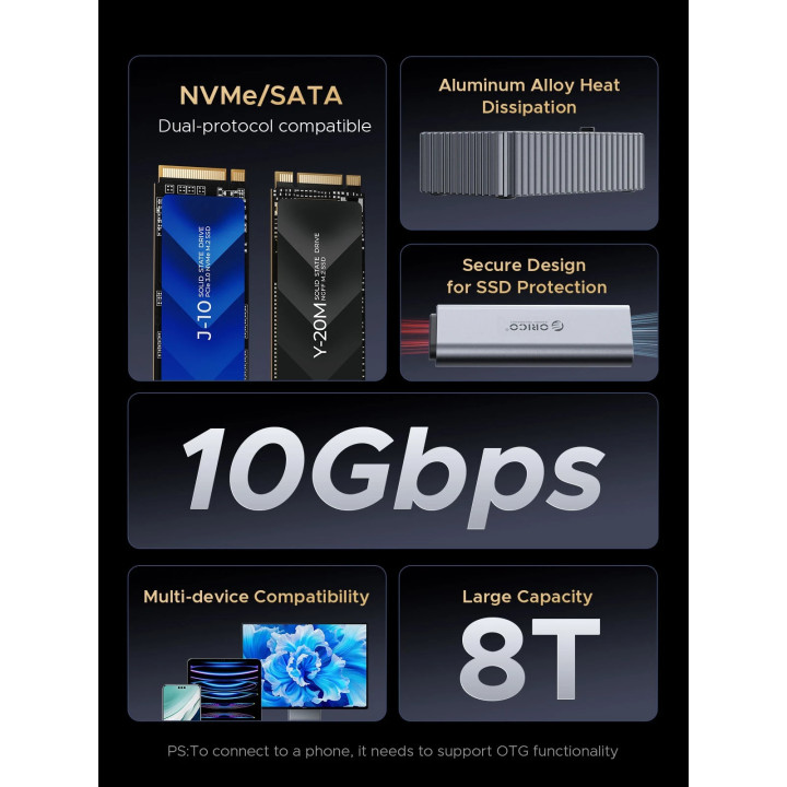 Външна кутия за диск/докинг станция Orico Storage - Case/Docking Station, M.2 NVMe/NGFF - IT18C3-GY - IT18C3-GY-BP