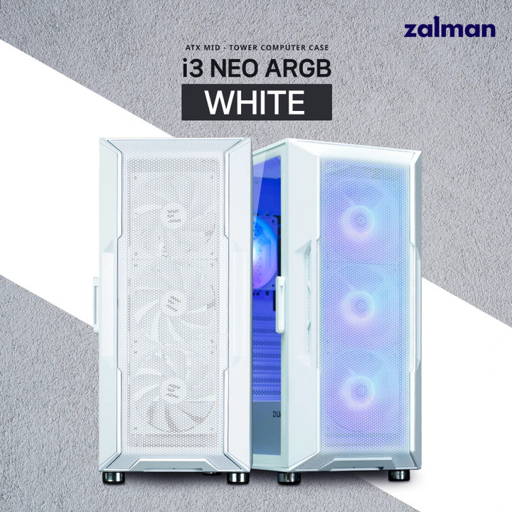 Кутия за компютър Zalman i3 NEO ARGB White, ATX, Mesh, aRGB, Tempered Glass - I3-NEO-ARGB-White