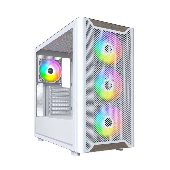 Кутия за компютър Montech XR Wood (W), ATX, 4бр. 120 mm ARGB вентилатори, Wood, USB-C, White - MONTECH-XR-W-WH