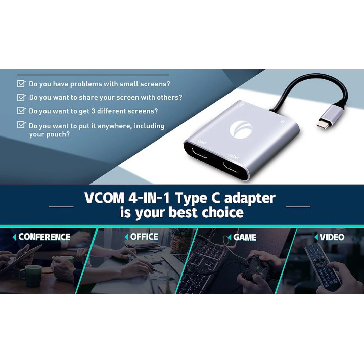 Докинг станция VCom USB-C 4-in-1 - CU450S - HDMI x 2, USB2.0, USB-C PD3.0 100W, MST