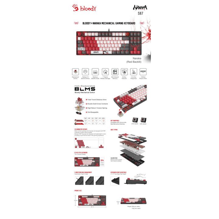 Геймърска механична клавиатура А4tech Bloody Naraka S87 TKL Backlit red switch, USB - A4-KEY-S87-NARAKA