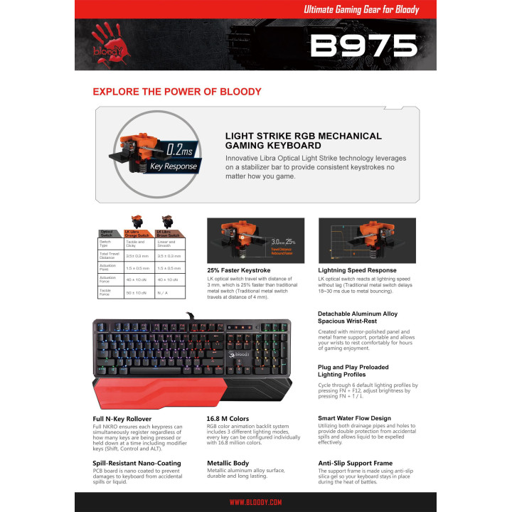 Механична геймърска клавиатура A4tech Bloody B975, Brown switch - A4-KEY-B975